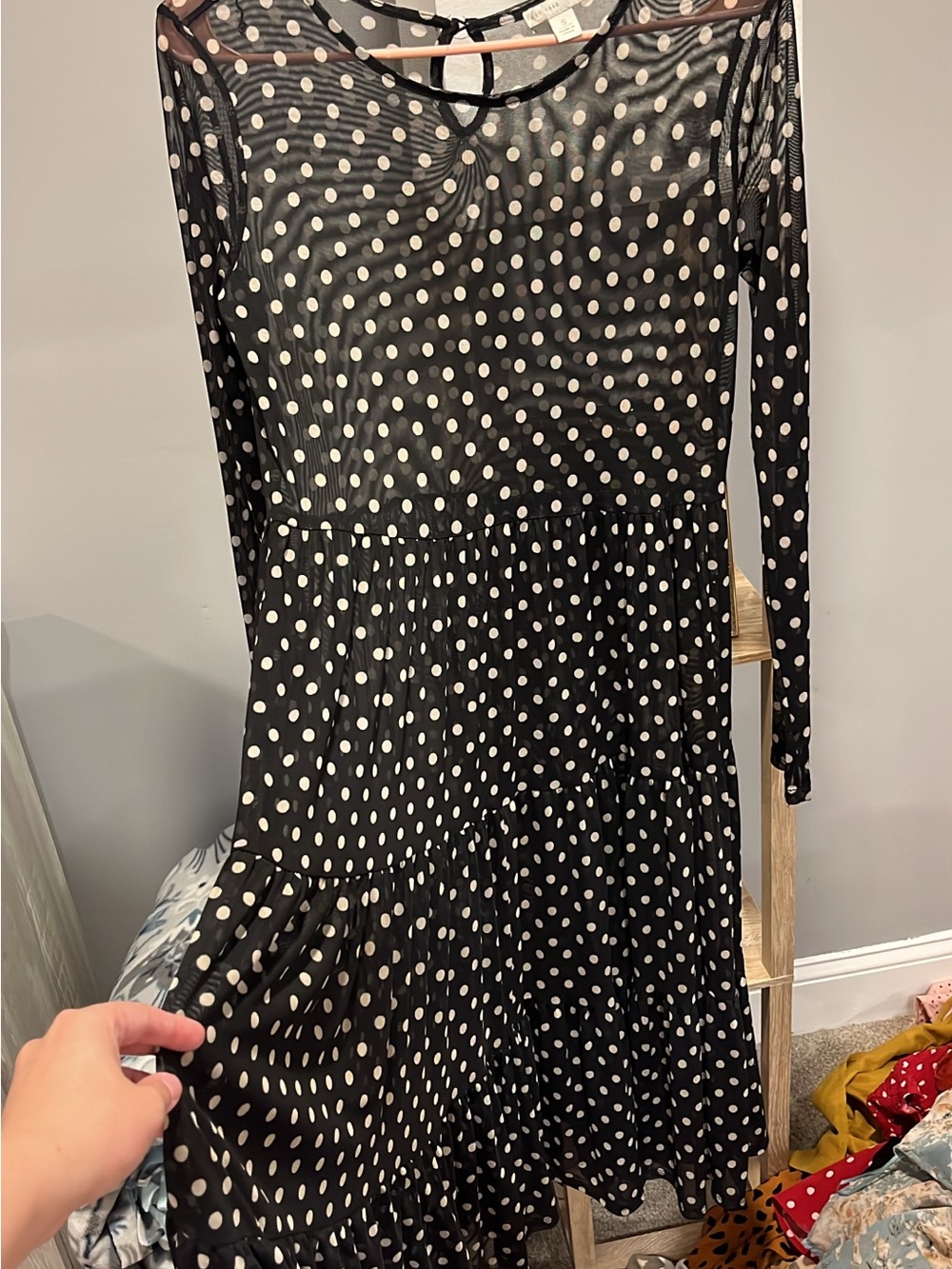 Cato Black Long-Sleeve Polka Dot Midi Dress